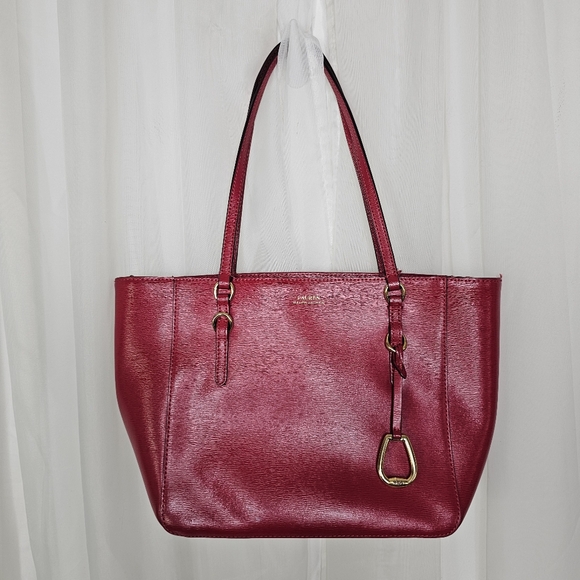 Lauren Ralph Lauren Bennington Red Saffino Leather Tote Bag